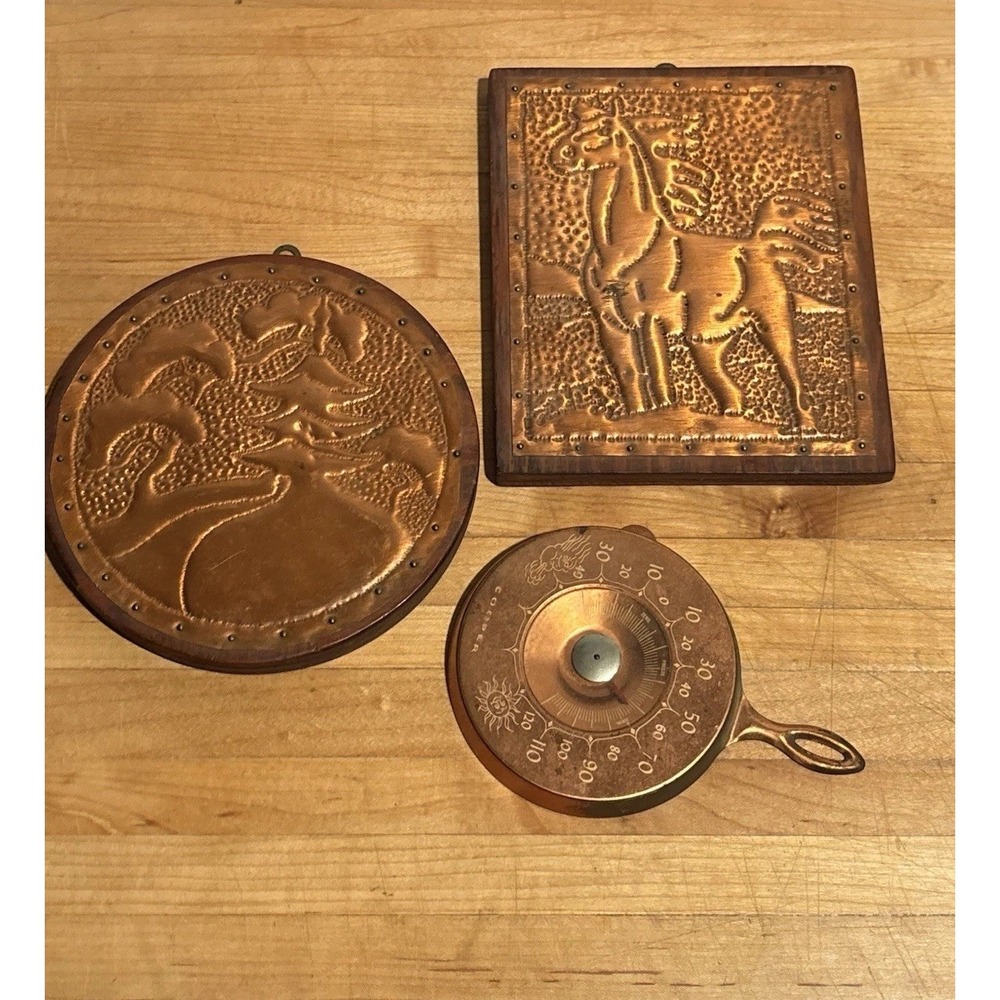 Vintage Copper Wall Decor Lot of 3 Embossed Horse Woman Plaques Thermometer
